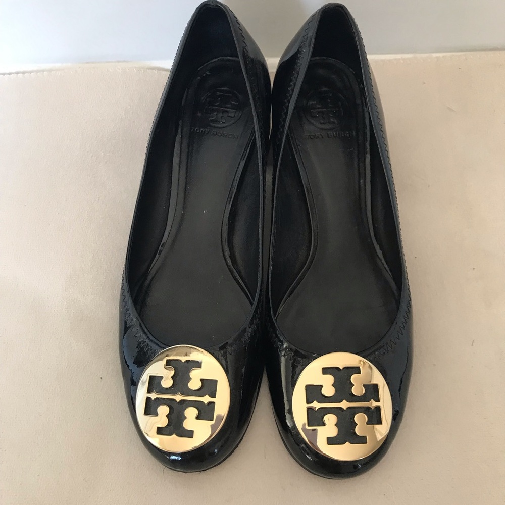 Tory Burch Black Patent Leather Logo Toe Flats with Gold Emblem